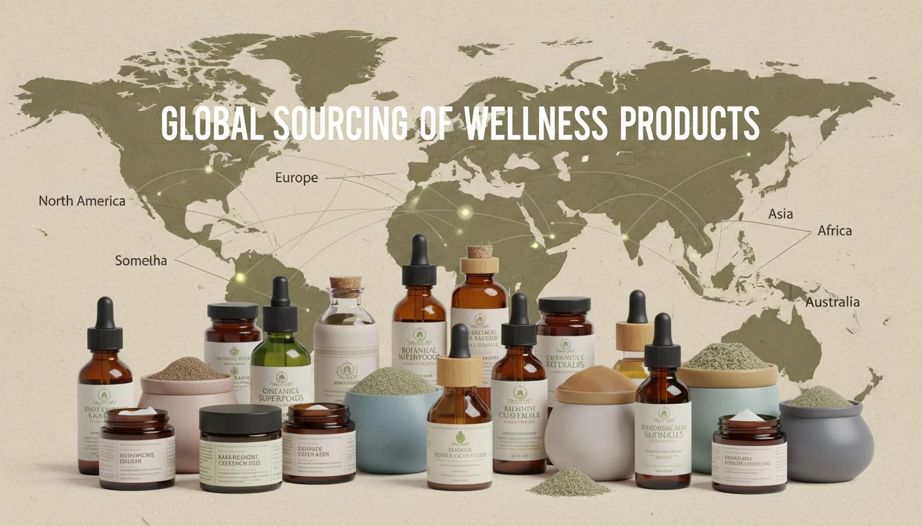 A collage of wellness product bottles and jars with a world map in the background