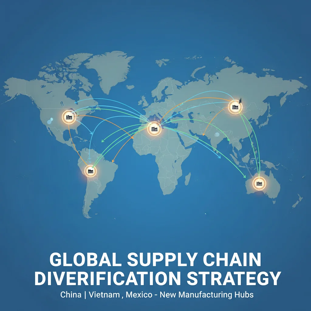 A world map with manufacturing hubs highlighted in China, Vietnam, and Mexico, with arrows showing diversified supply routes.