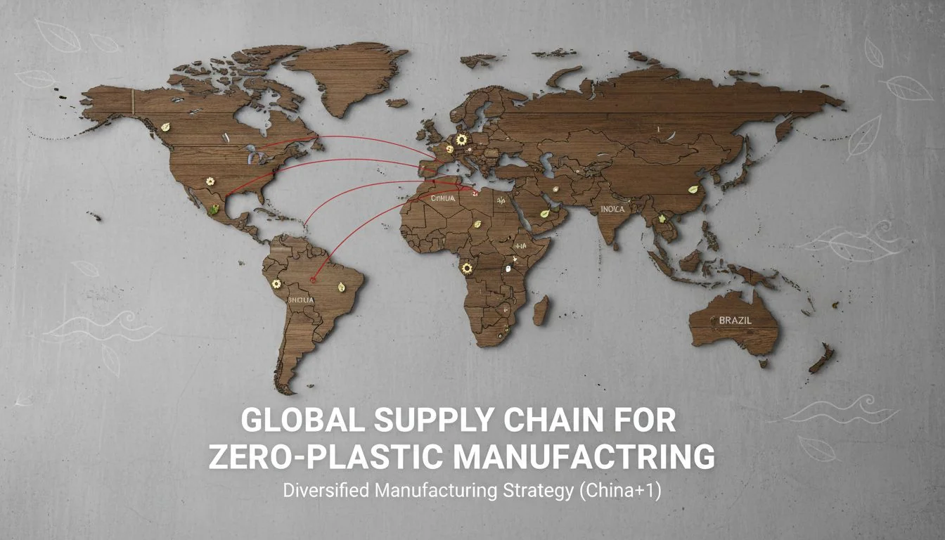A world map with pins in different countries like Vietnam and Thailand, indicating a diversified manufacturing strategy (China+1).