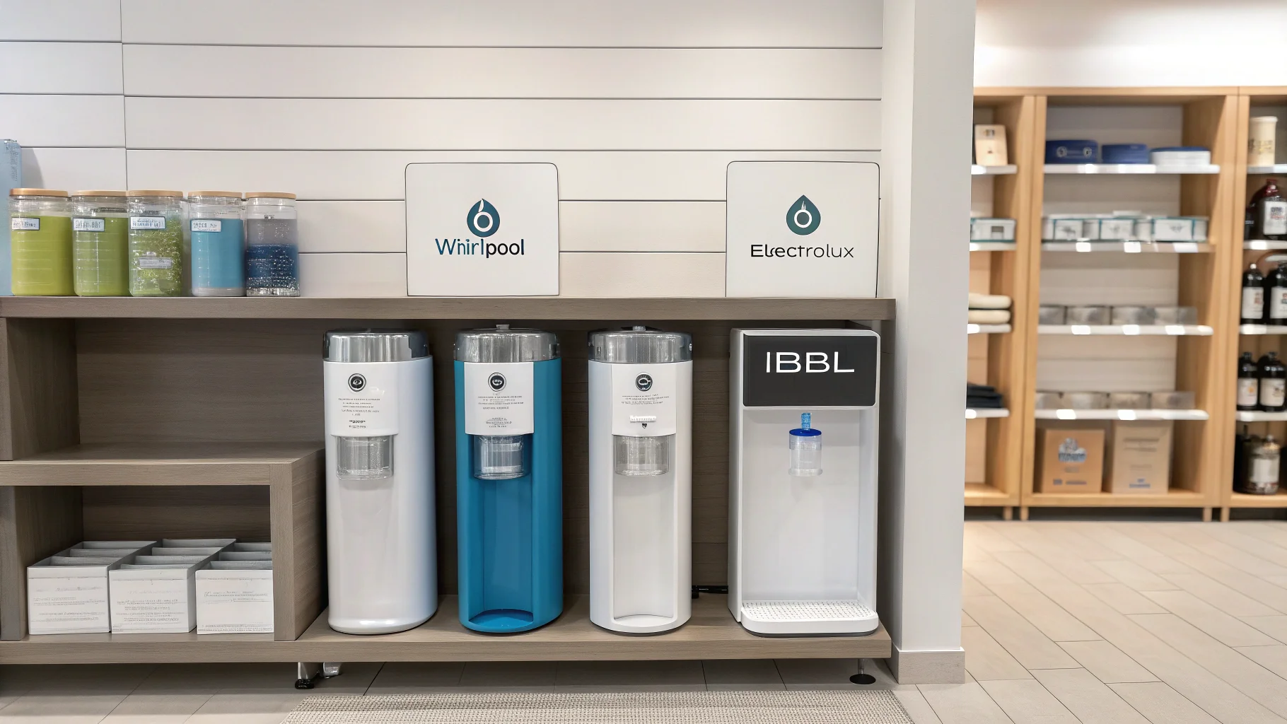 A display of Whirlpool, Electrolux, and IBBL water purifiers in a store