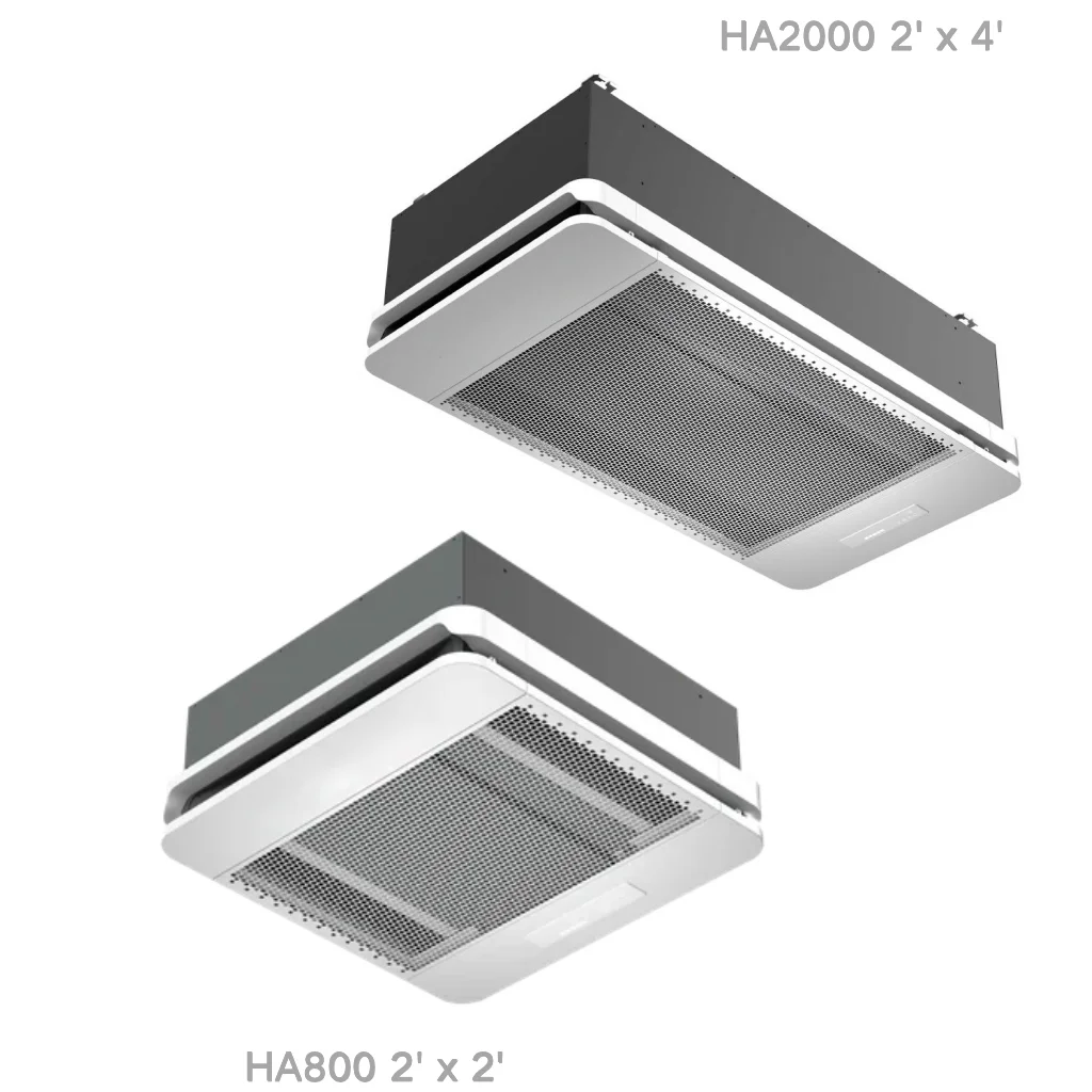 HA2000 and HA800 ceiling-mounted air filtration units with dimensions labeled as 2'x4' and 2'x2', showcasing design and size differences.