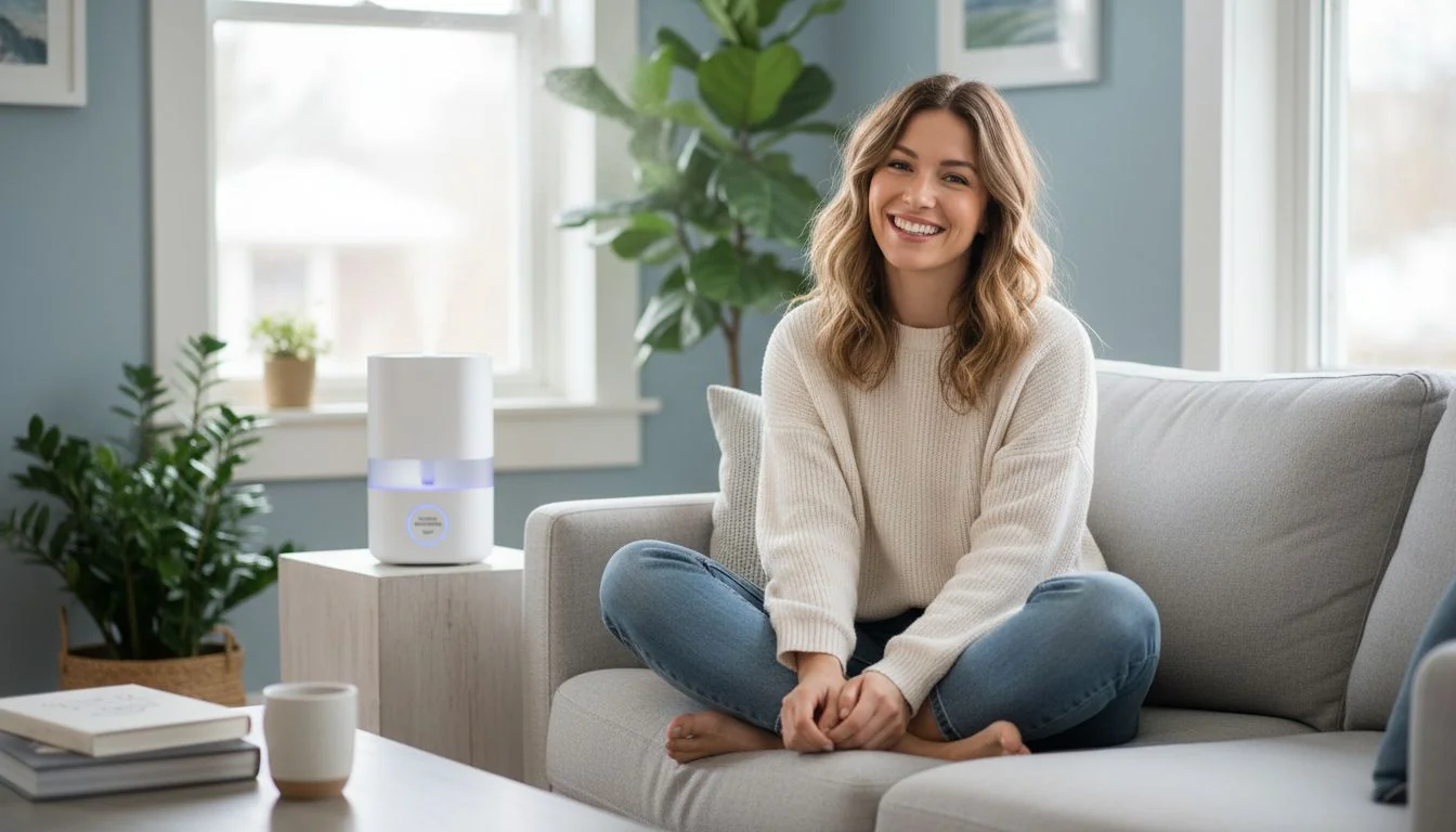 Happy Customer with Hygienic Humidifier A lifestyle photo of a person smiling and looking relaxed in a clean, modern living room with a stylish humidifier in the background.