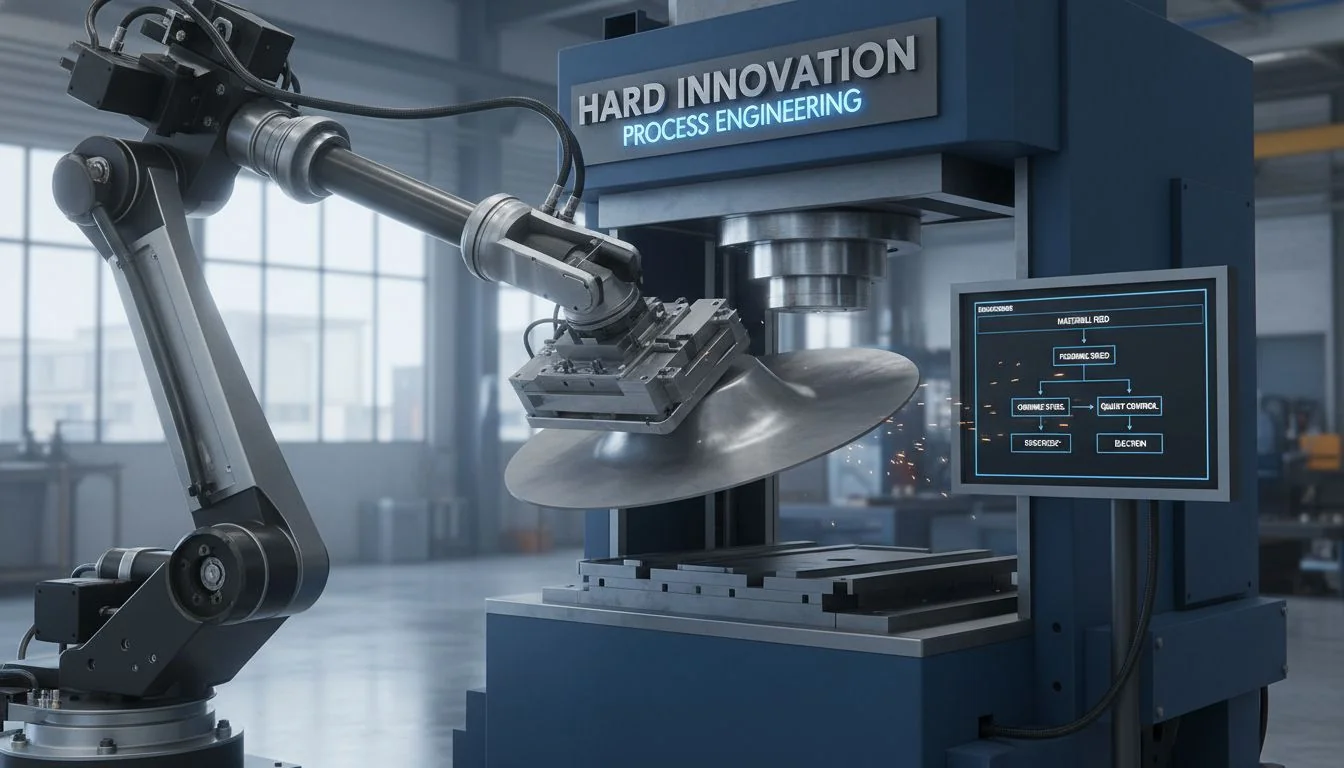 Hard Innovation with Process Engineering A robotic arm manipulating a sheet of metal in a deep-drawing press.