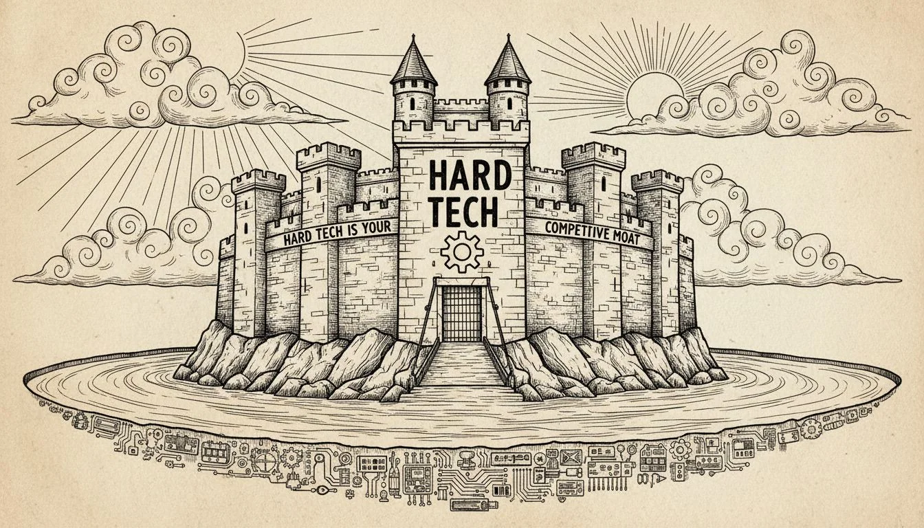 Hard Tech is Your Competitive Moat A drawing of a strong castle with a wide moat, with 'Hard Tech' written on the castle walls.