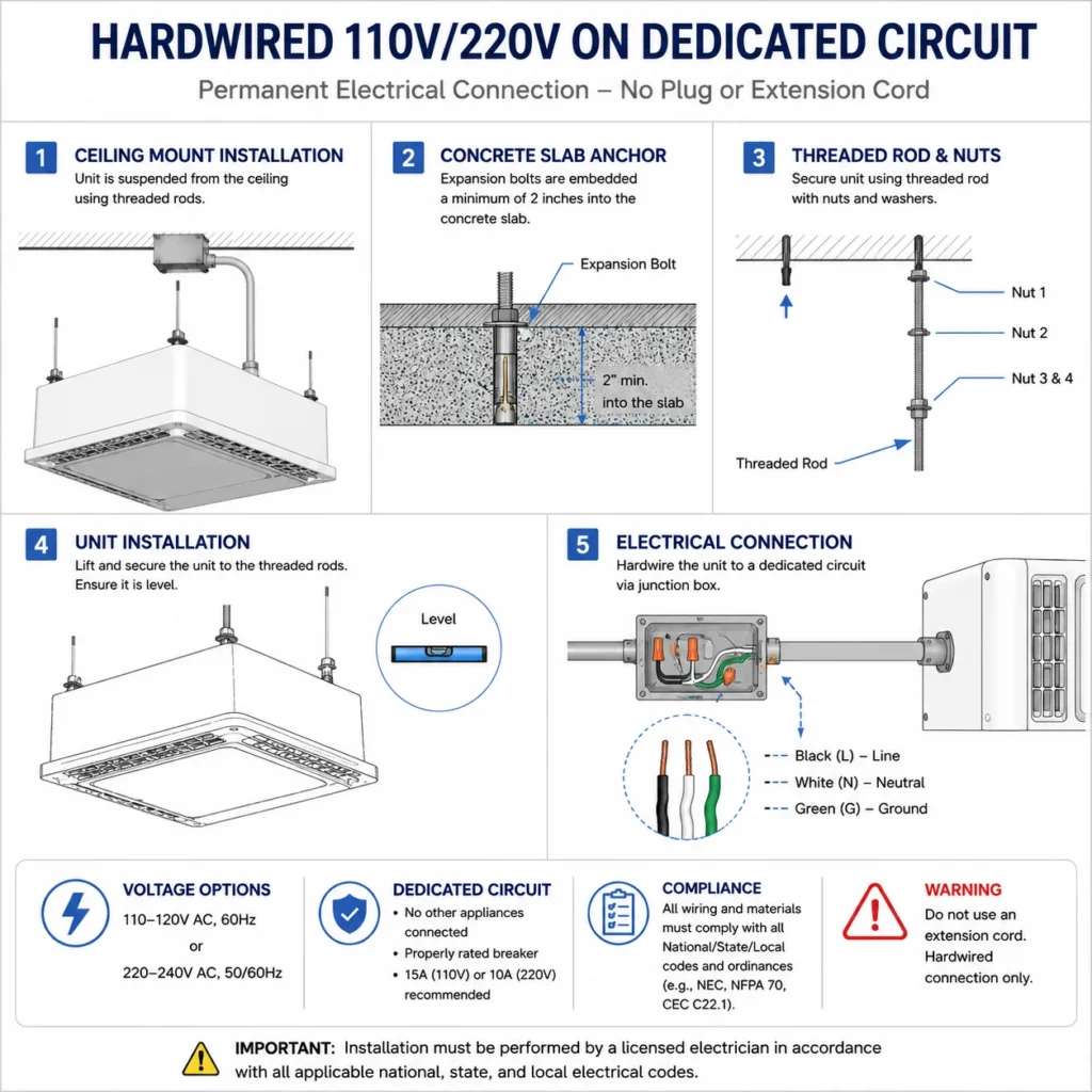 Step-by-step guide for hardwiring a 110V/220V unit on a dedicated circuit, showing ceiling mount, concrete slab anchor, threaded rods, and electrical connections.