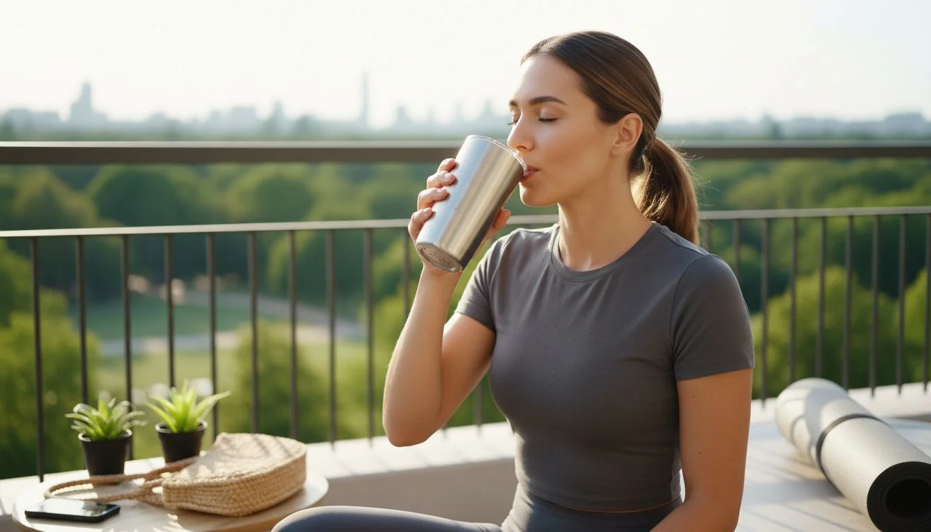 consumer drinking water from stainless steel glass