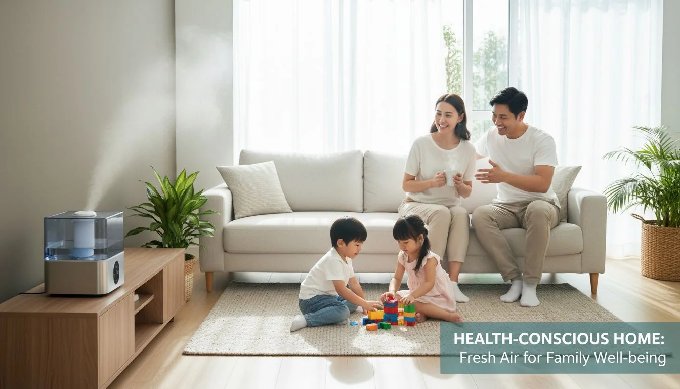 A family enjoying clean, fresh air in their living room, with a stainless steel humidifier subtly visible in the background.