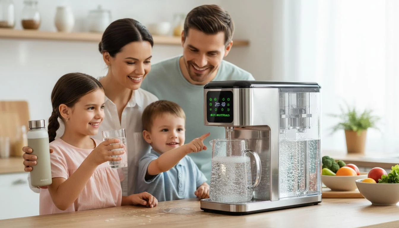 Health-Conscious Product Design A family happily using a water appliance, with the focus on the clean water and safe materials