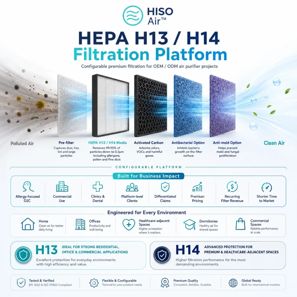 Infographic showcasing HISO Air's HEPA H13 / H14 filtration system, highlighting features like pre-filter, activated carbon, antibacterial, and anti-mold options for cleaner air.