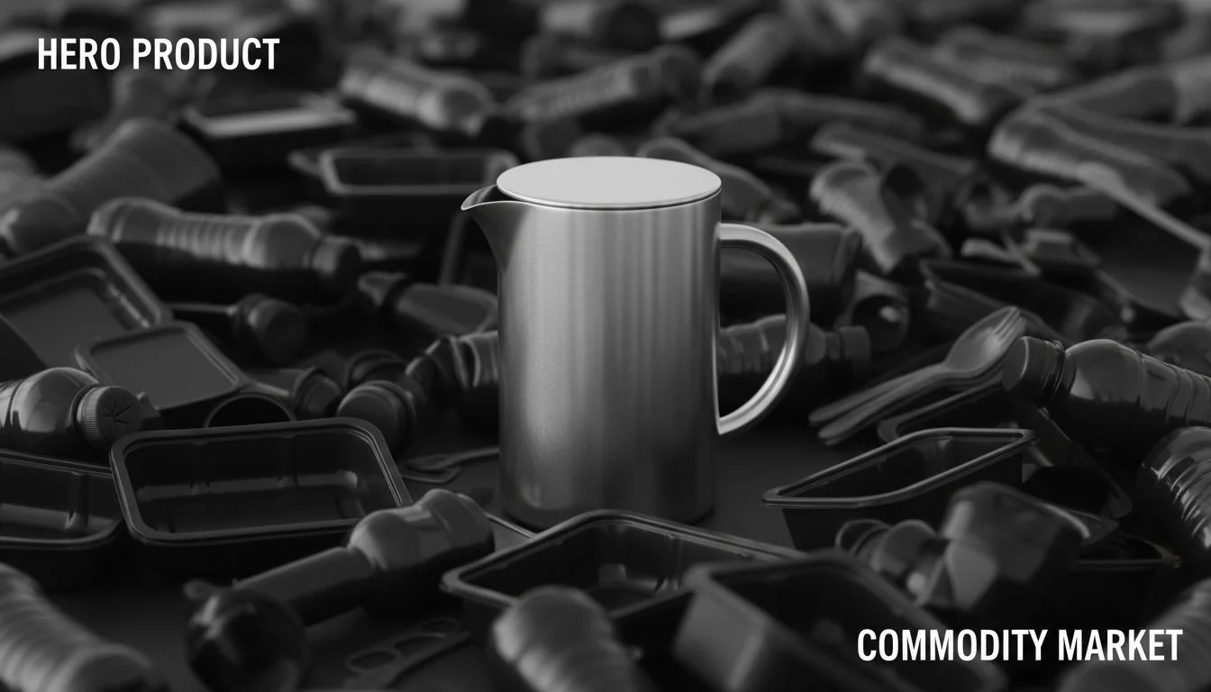 Hero Product in a Commodity Market A single, beautifully designed stainless steel product stands out in a black-and-white photo of generic plastic products.
