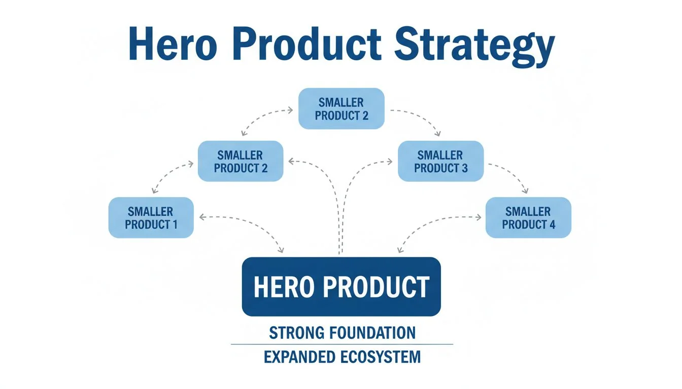 Hero Product Strategy A diagram showing a strong 'Hero Product' as a foundation, with smaller products branching off from it