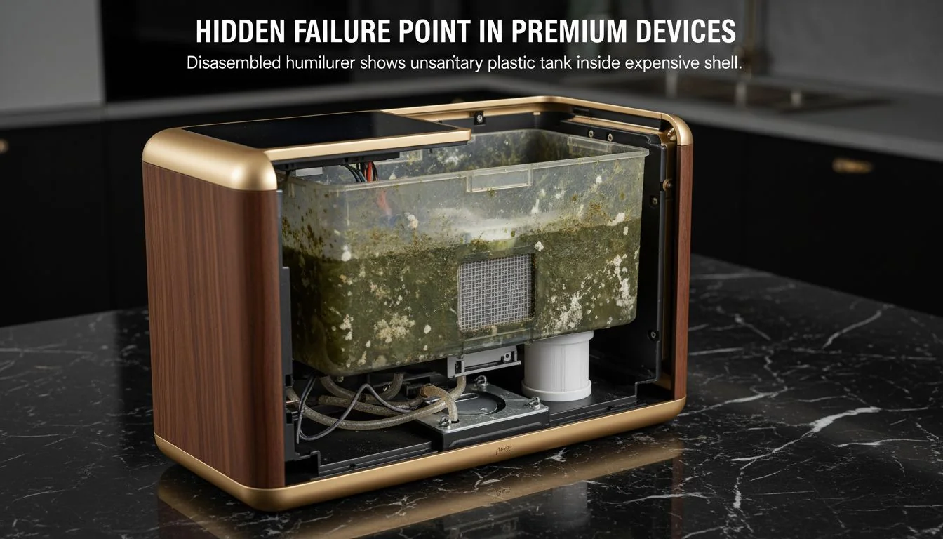 disassembled humidifier showing dirty plastic tank inside premium shell