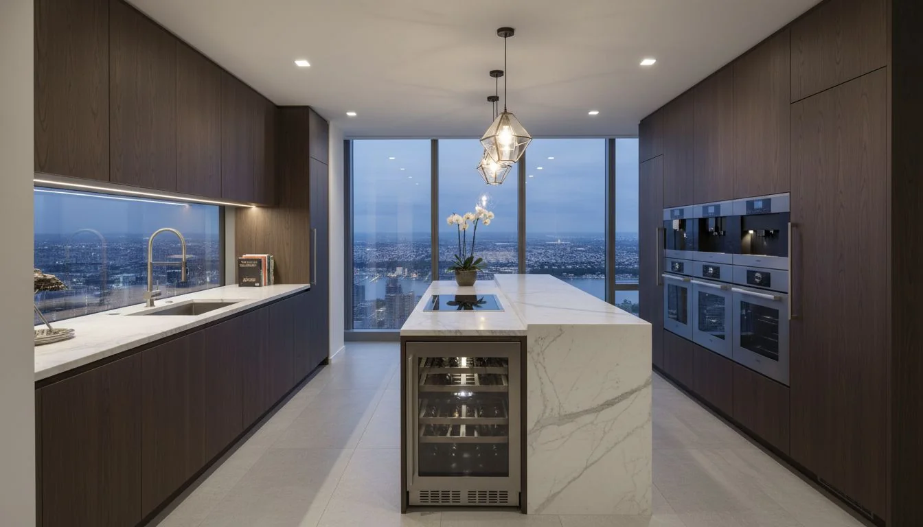 High Net Worth Renter Apartment modern apartment kitchen with city view