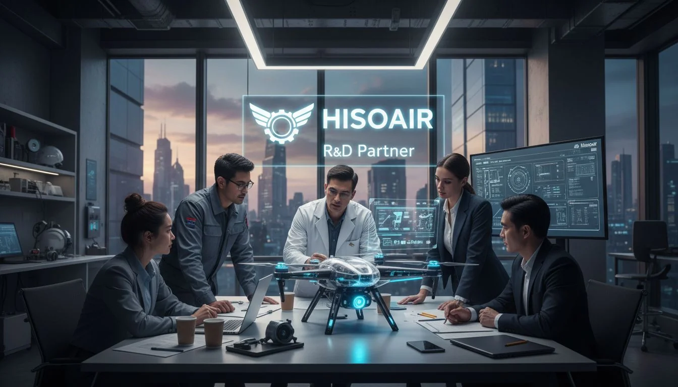 Hisoair as an R&D Partner A photo of the Hisoair team collaborating with a client over a product prototype