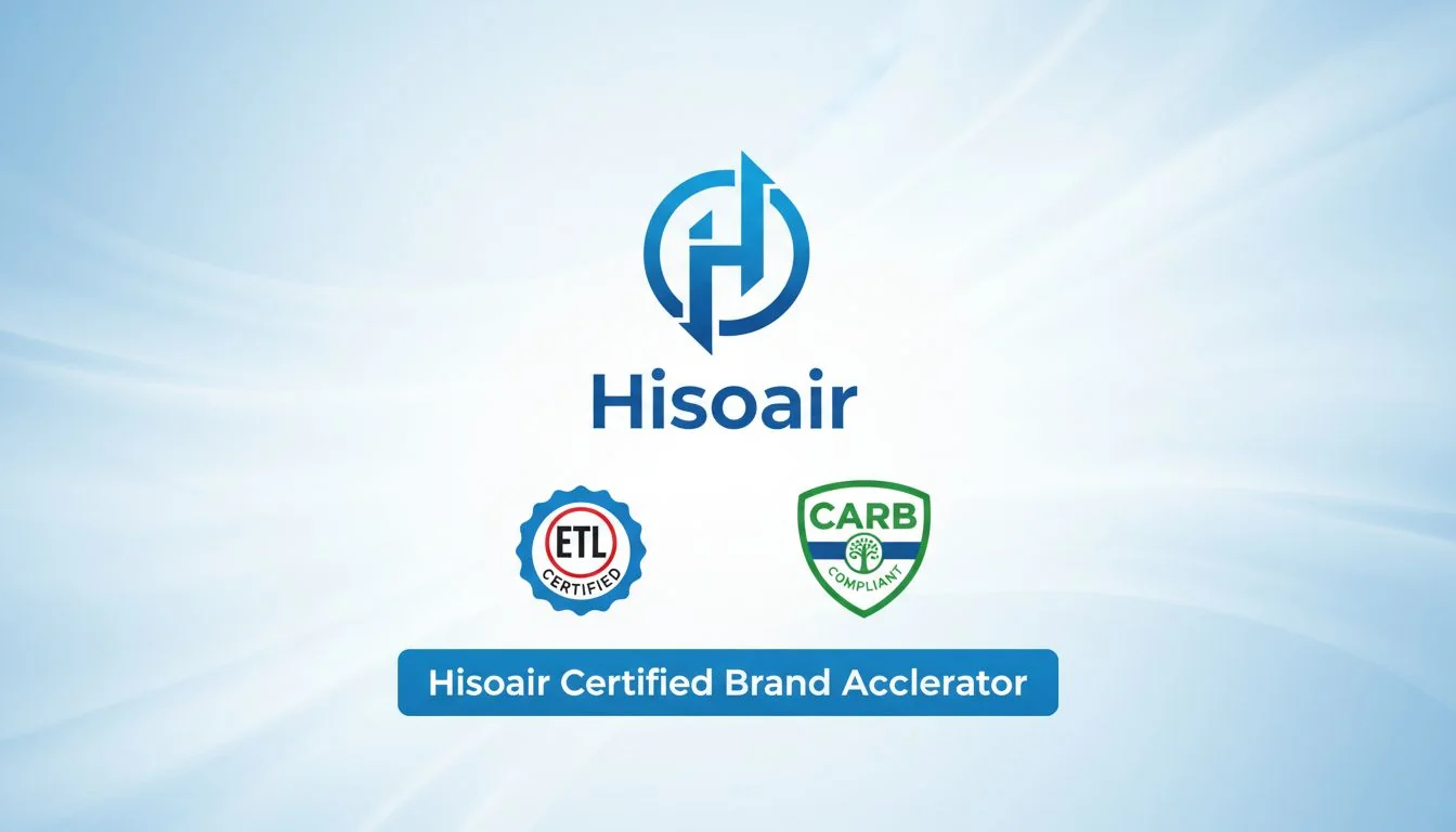A graphic showing the Hisoair logo with shields for 'ETL Certified' and 'CARB Compliant'.