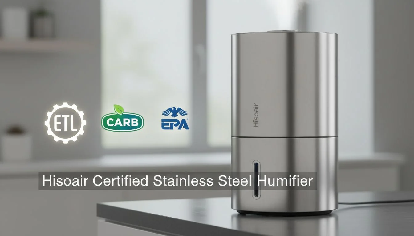 The Hisoair stainless steel humidifier shown with ETL, CARB, and EPA certification logos floating beside it.