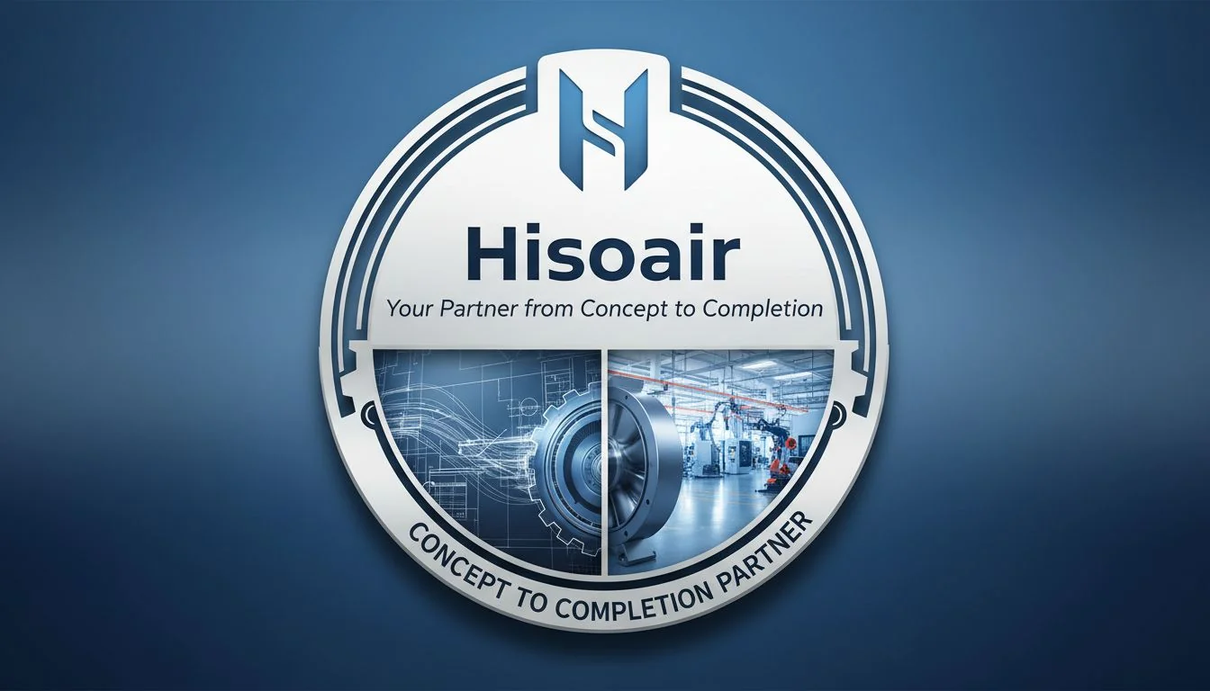 Logo of Hisoair with text 'Your Partner from Concept to Completion' and images of their products or factory.