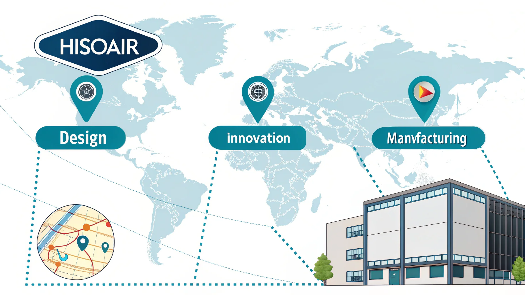 A diagram showing HisoAir's global offices: Design in Europe, Innovation in US, Manufacturing in Asia.