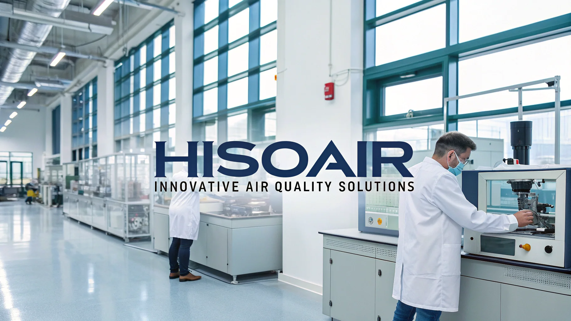 The HisoAir logo with a backdrop of a modern R&D lab