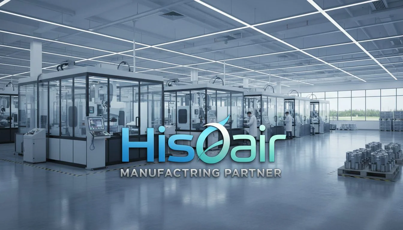 The Hisoair logo with a backdrop of their clean, modern factory floor.
