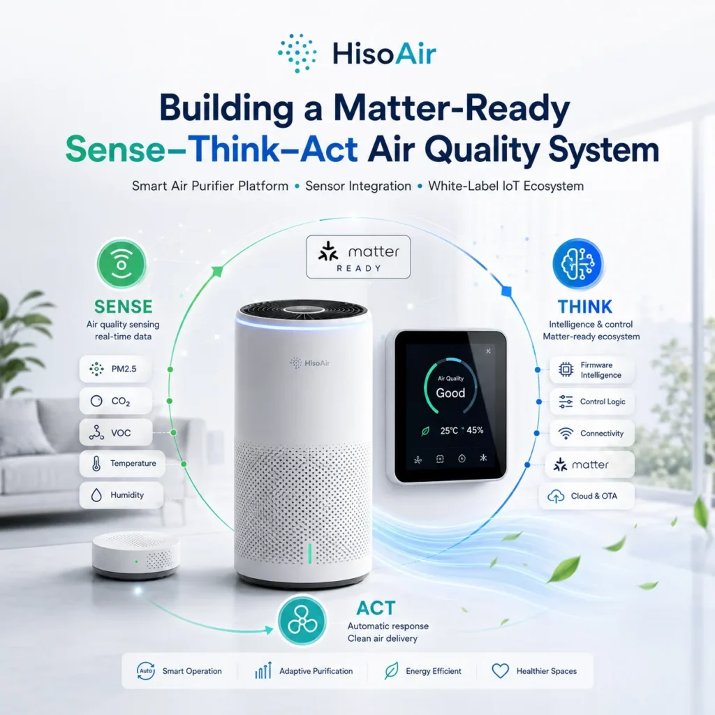 HisoAir Matter-ready air purifier system featuring smart sensing, intelligence control, and automatic air purification. Multiple device integrations are shown.