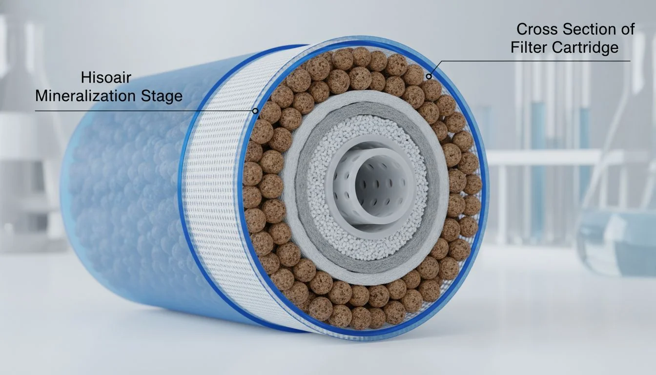 Hisoair Mineralization Stage cross section of a filter cartridge showing layers of bio ceramics