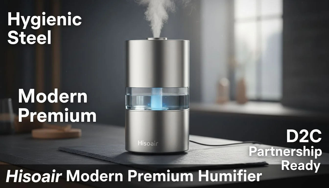 The Hisoair stainless steel humidifier, looking sleek and premium, with text overlays: "Hygienic Steel," "Modern Premium," "D2C Partnership Ready."