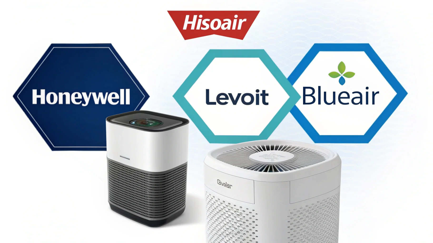 A collage of logos from top air purifier brands like Honeywell, Levoit, and Blueair