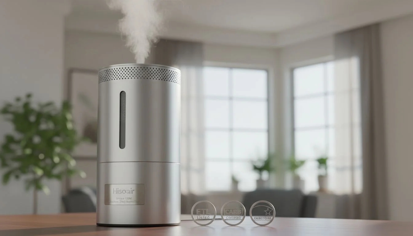 Hisoair's Unique ODM stainless steel humidifier with certifications A hero shot of the sleek, stainless steel Hisoair humidifier, with certification logos (ETL, CARB, EPA) subtly displayed next to it