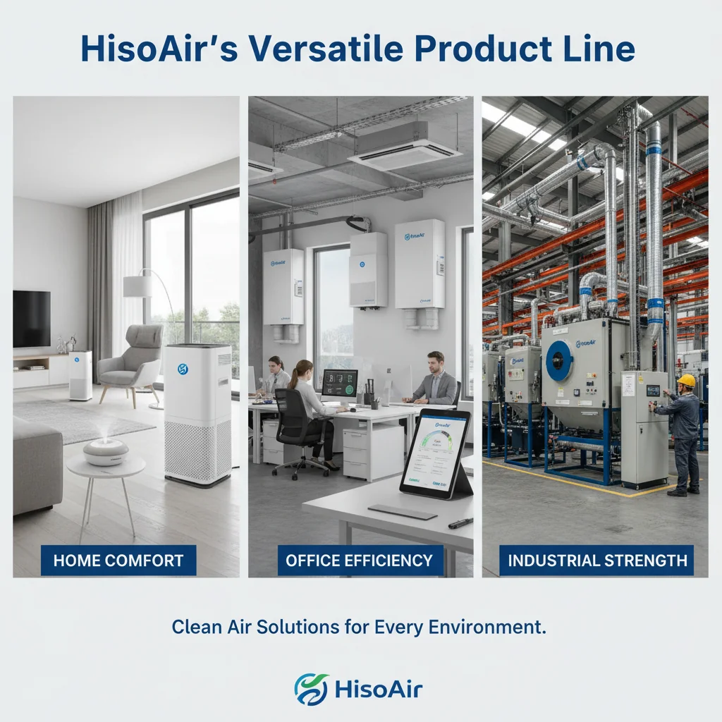 HisoAir products shown in home, office, and industrial settings