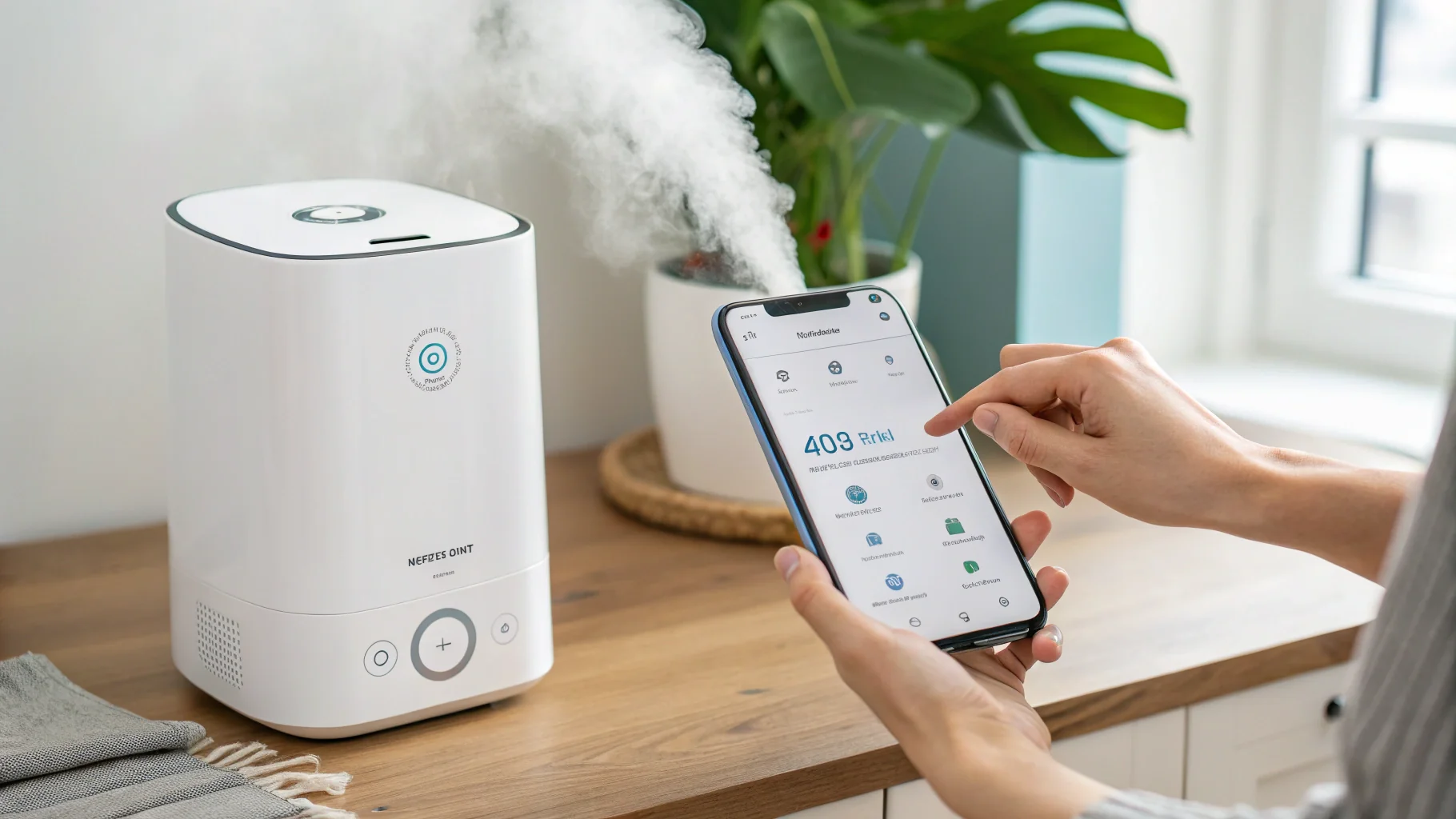 A person adjusting their HisoAir humidifier settings on a smartphone app