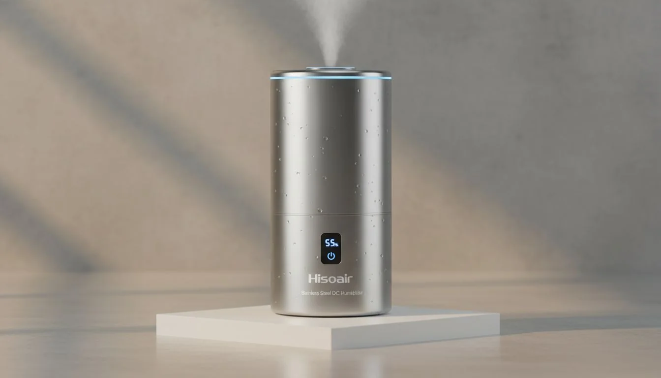 Hisoair Stainless Steel D2C Humidifier A hero shot of the Hisoair stainless steel humidifier, looking clean, modern, and premium.