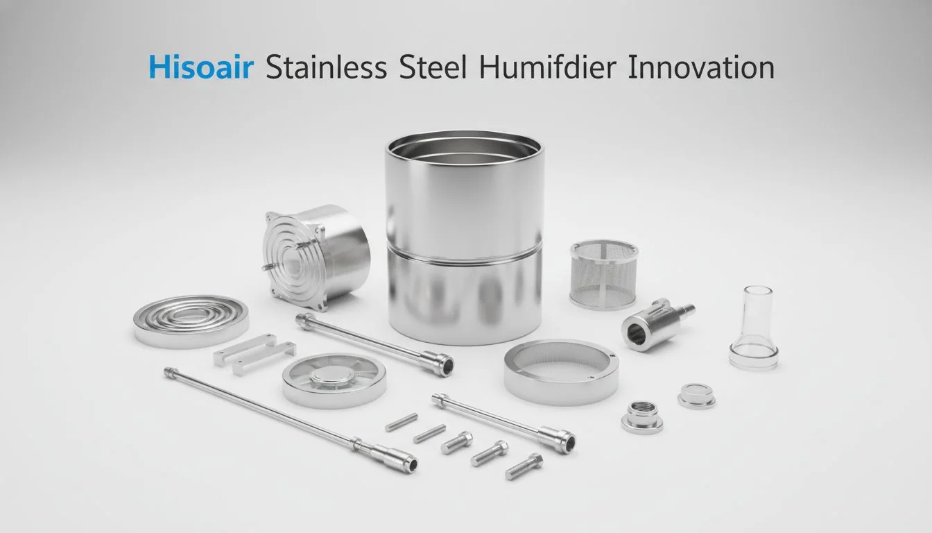 The Hisoair stainless steel humidifier, disassembled to show the all-steel tank and components, looking clean and clinical.