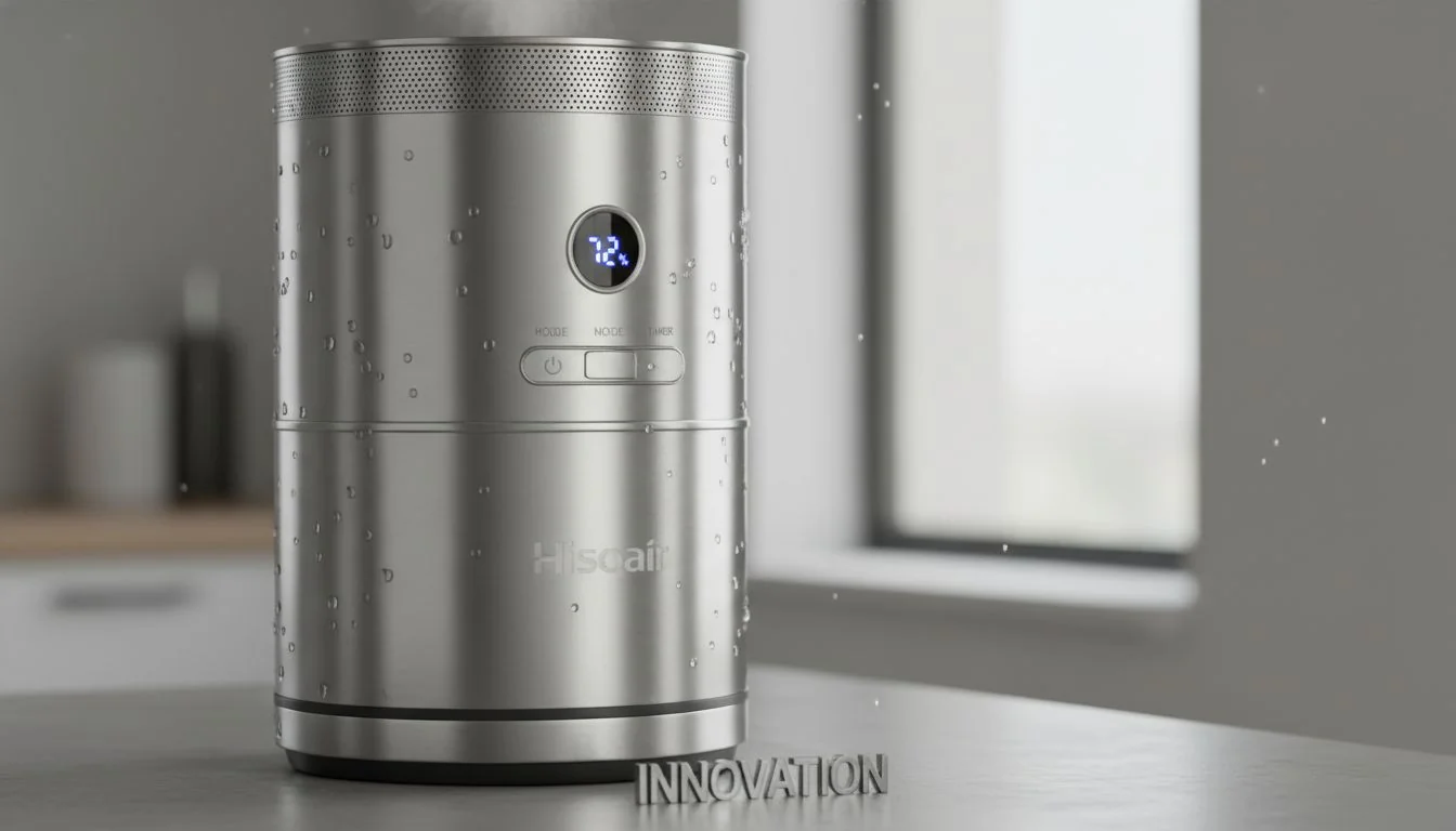A close-up shot of the Hisoair stainless steel humidifier, highlighting the material and build quality