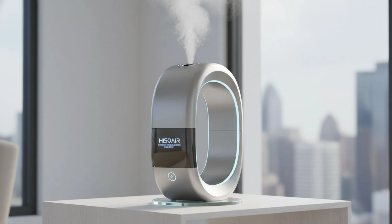 Hisoair Stainless Steel Humidifier Innovation A sleek, innovative stainless steel humidifier, looking very different from typical models