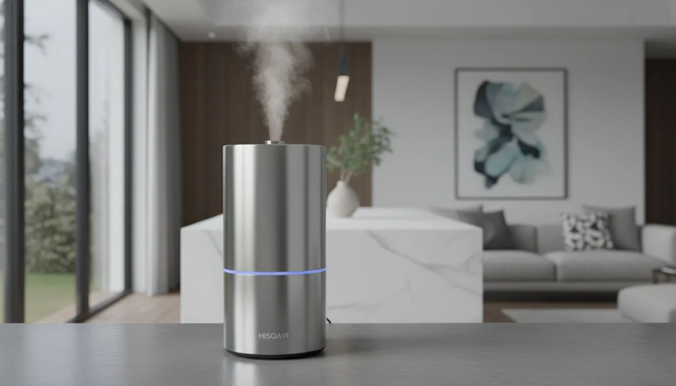 Hisoair Stainless Steel Humidifier A beautiful shot of the final Hisoair stainless steel humidifier in a modern home setting