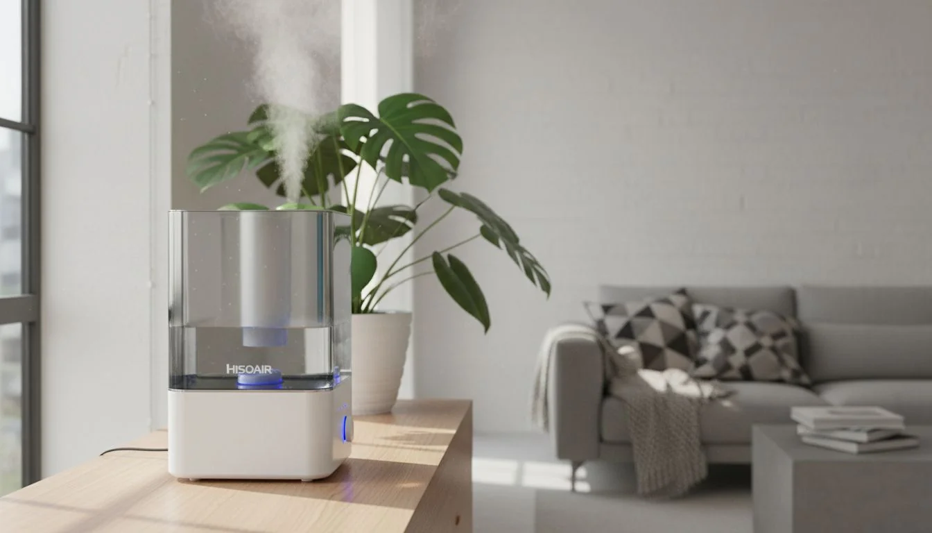 A lifestyle image of the Hisoair humidifier in a modern, clean home, with a focus on its stainless steel tank