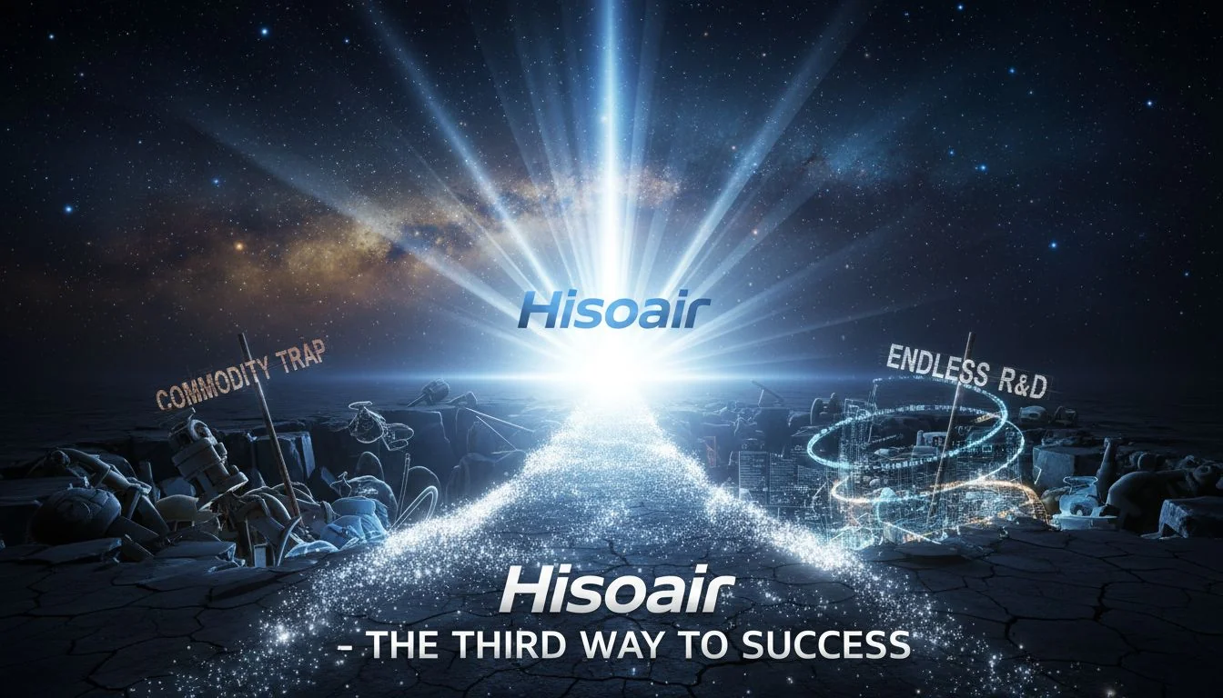 Hisoair - The Third Way to Success The Hisoair logo shining like a beacon of light on a path between the "Commodity Trap" and "Endless R&D" traps