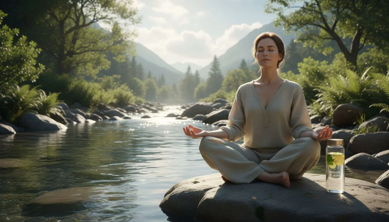 Holistic Purity and Wellness A person meditating in a clean, natural environment next to a glass water bottle