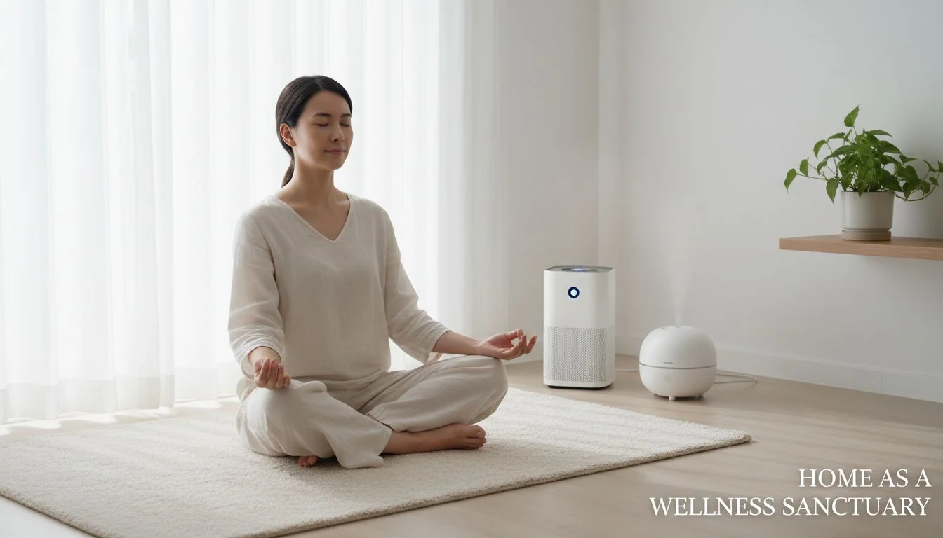 Home as a Wellness Sanctuary A person meditating in a clean, bright room with an air purifier and humidifier visible.