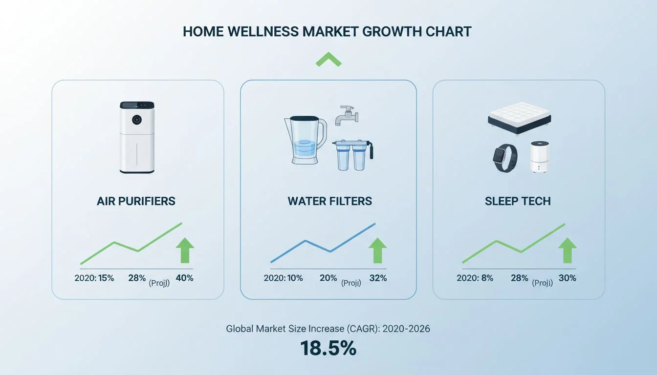 Home Wellness Market Growth Chart Infographic showing the growth of the home wellness market segments like air purifiers, water filters, and sleep tech.