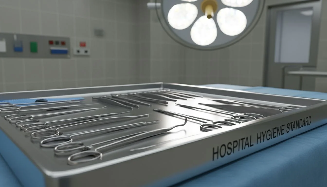 Hospital Hygiene Standard hospital surgical tools on stainless steel tray