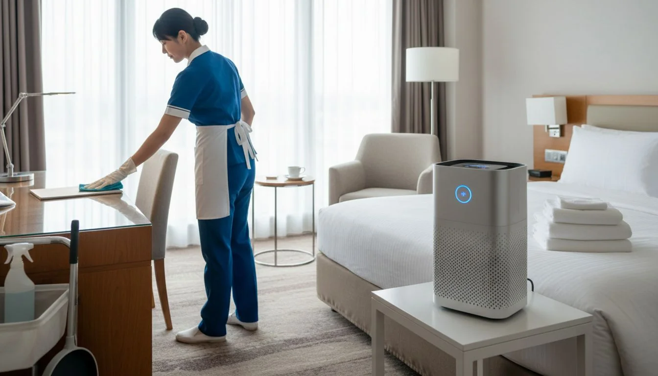 Housekeeping and Air Purifier hotel maid cleaning near air purifier