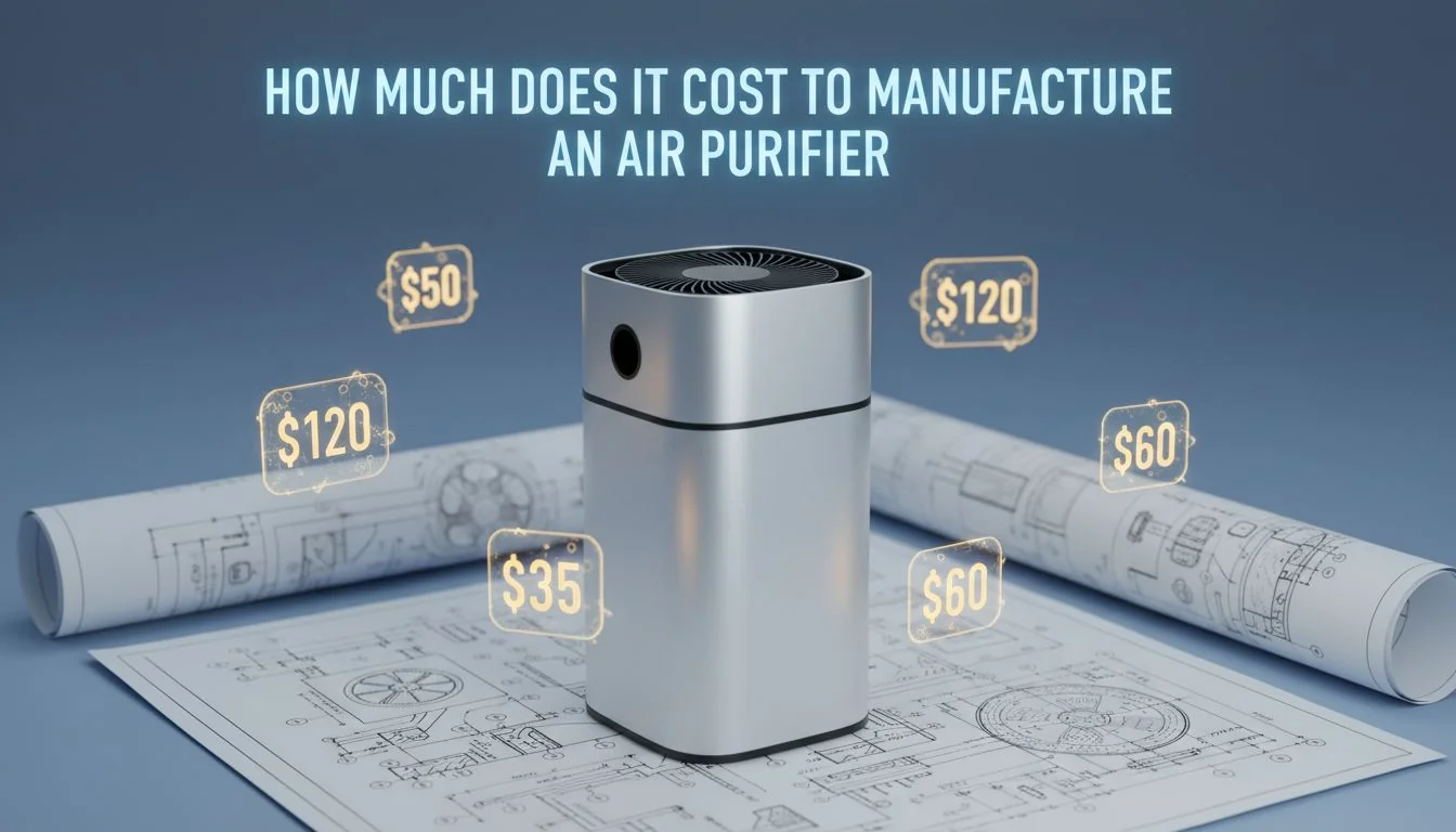 An image of a sleek, modern air purifier on a blueprint background, with price tags floating around it.