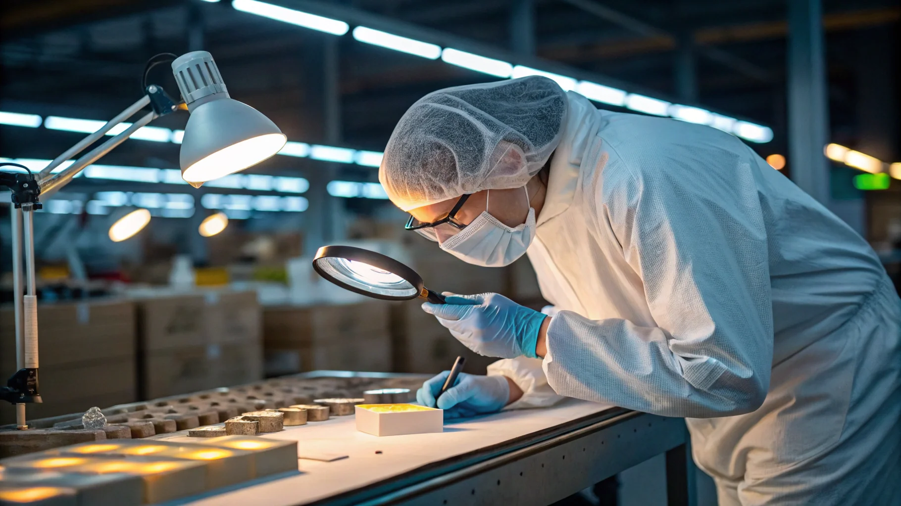 A person inspecting a product sample under a bright light in a workshop