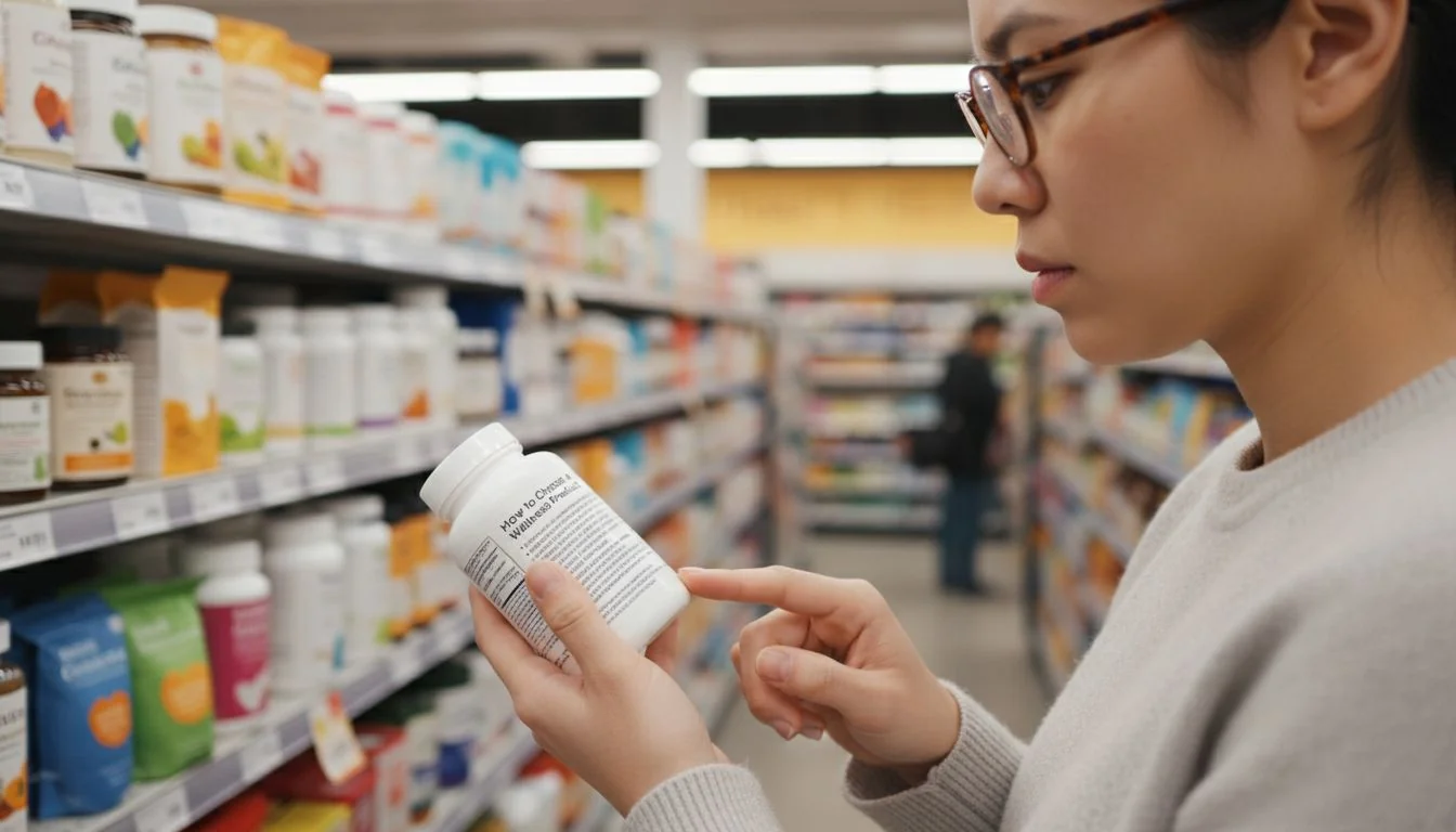 A person in a store carefully reading the back label of a supplement bottle