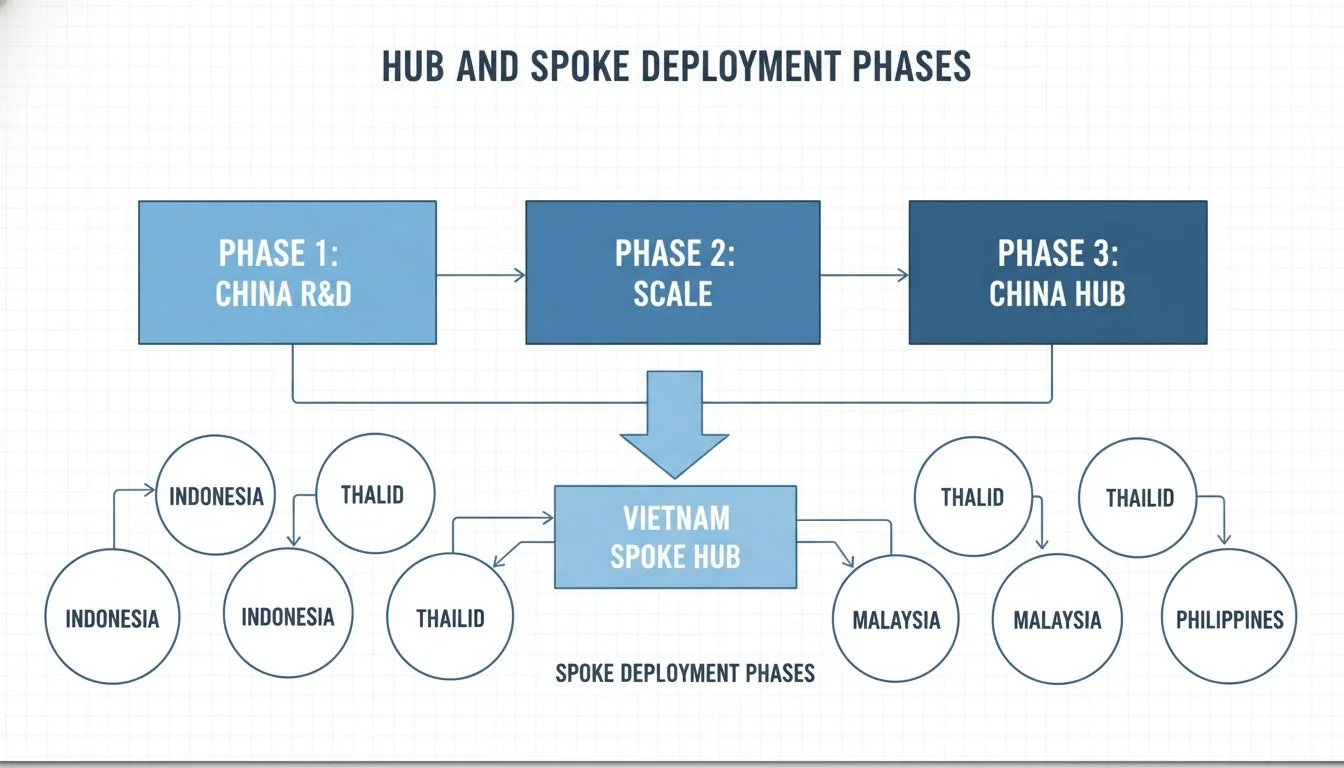 Hub and Spoke Deployment Phases A flowchart showing Phase 1: China R&D, Phase 2: China Scale, Phase 3: China Hub deploys to Vietnam Spoke