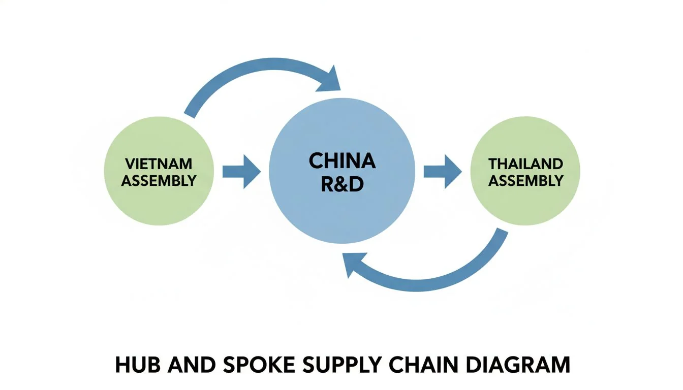 Hub and Spoke Supply Chain Diagram A diagram showing a central hub labeled 'China R&D' with arrows pointing to spokes labeled 'Vietnam Assembly' and 'Thailand Assembly'