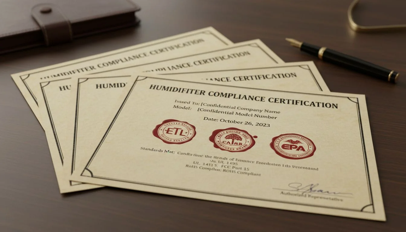 An image of official-looking certificates with stamps, such as ETL, CARB, and EPA logos.