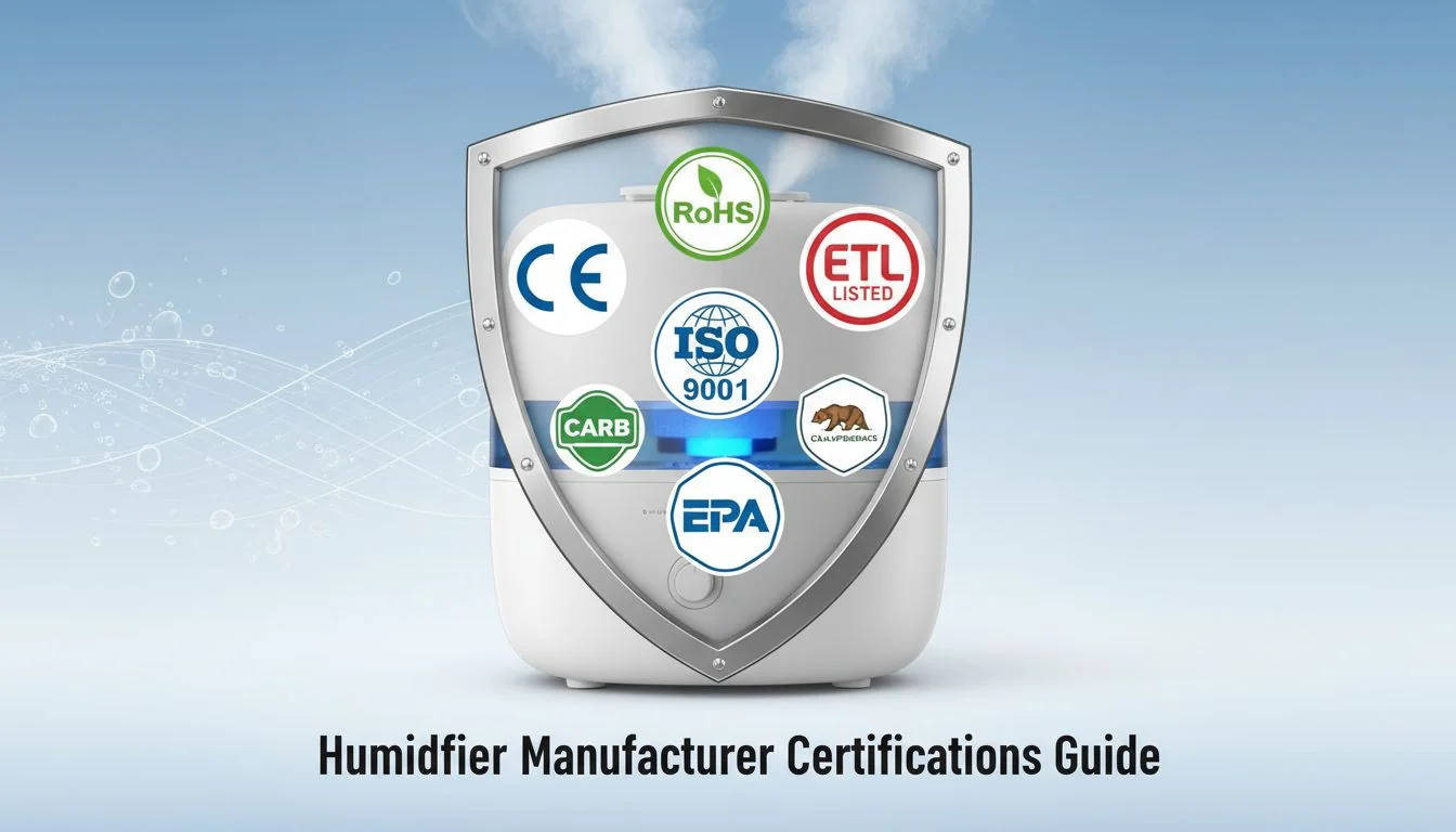 A collage of CE, RoHS, ISO, ETL, CARB, and EPA certification logos on a shield protecting a humidifier.